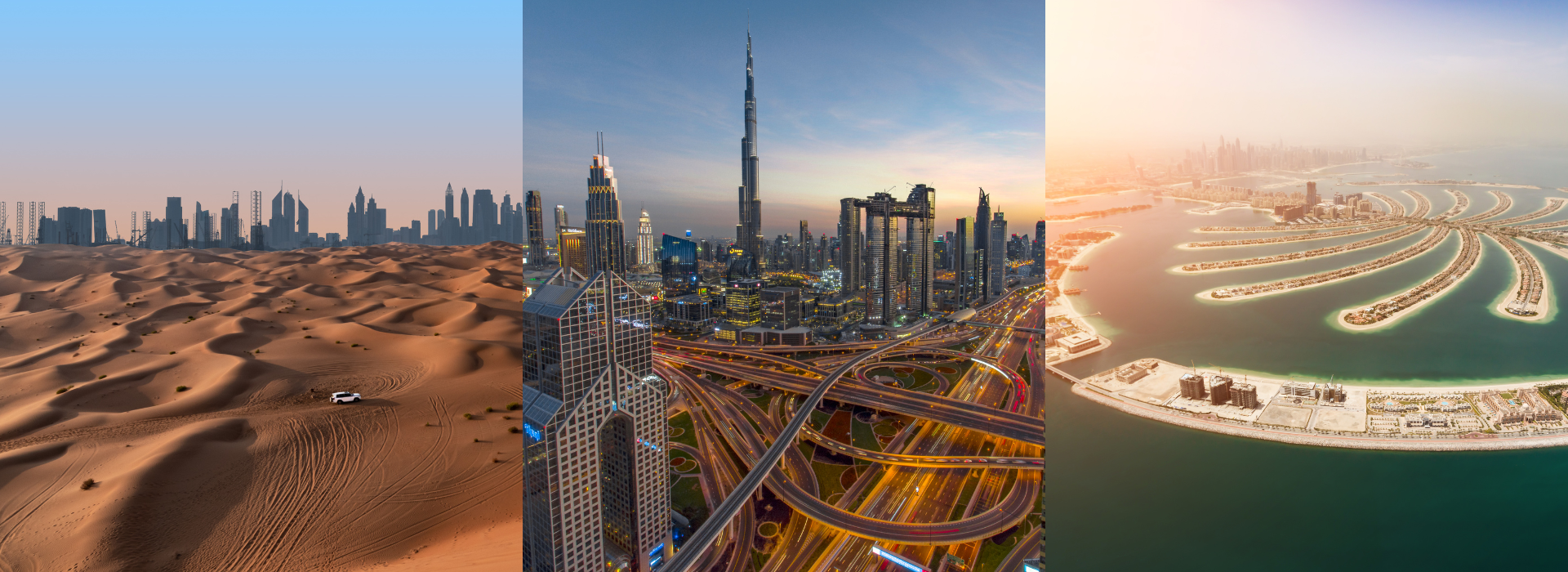 Collage of Dubai images including: the Arabian Dessert, the Dubai skyline including the Burj Khalifa, and an aerial view of palm island