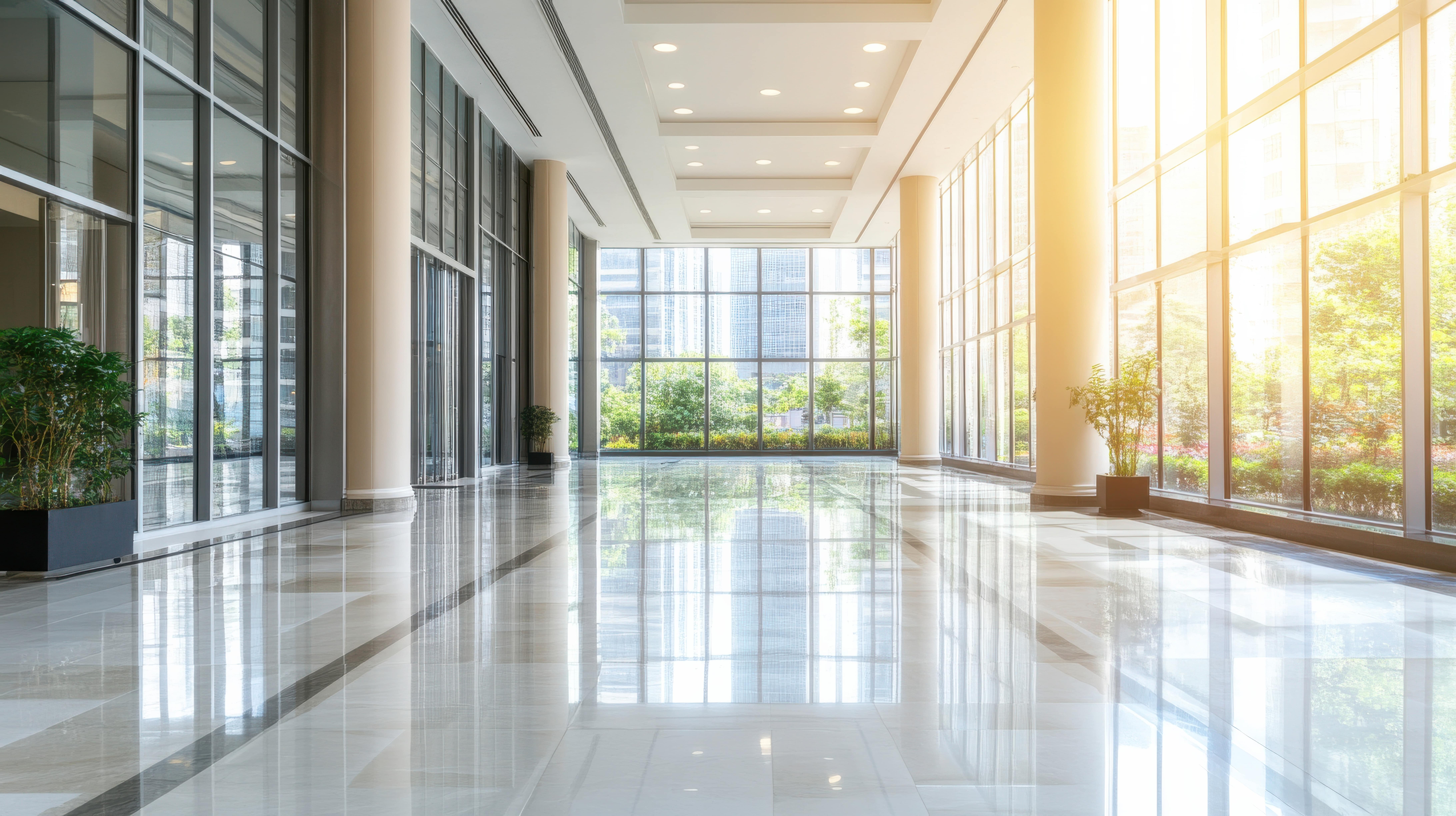 Bright and spacious serviced apartment lobby with floor-to-ceiling windows and natural light