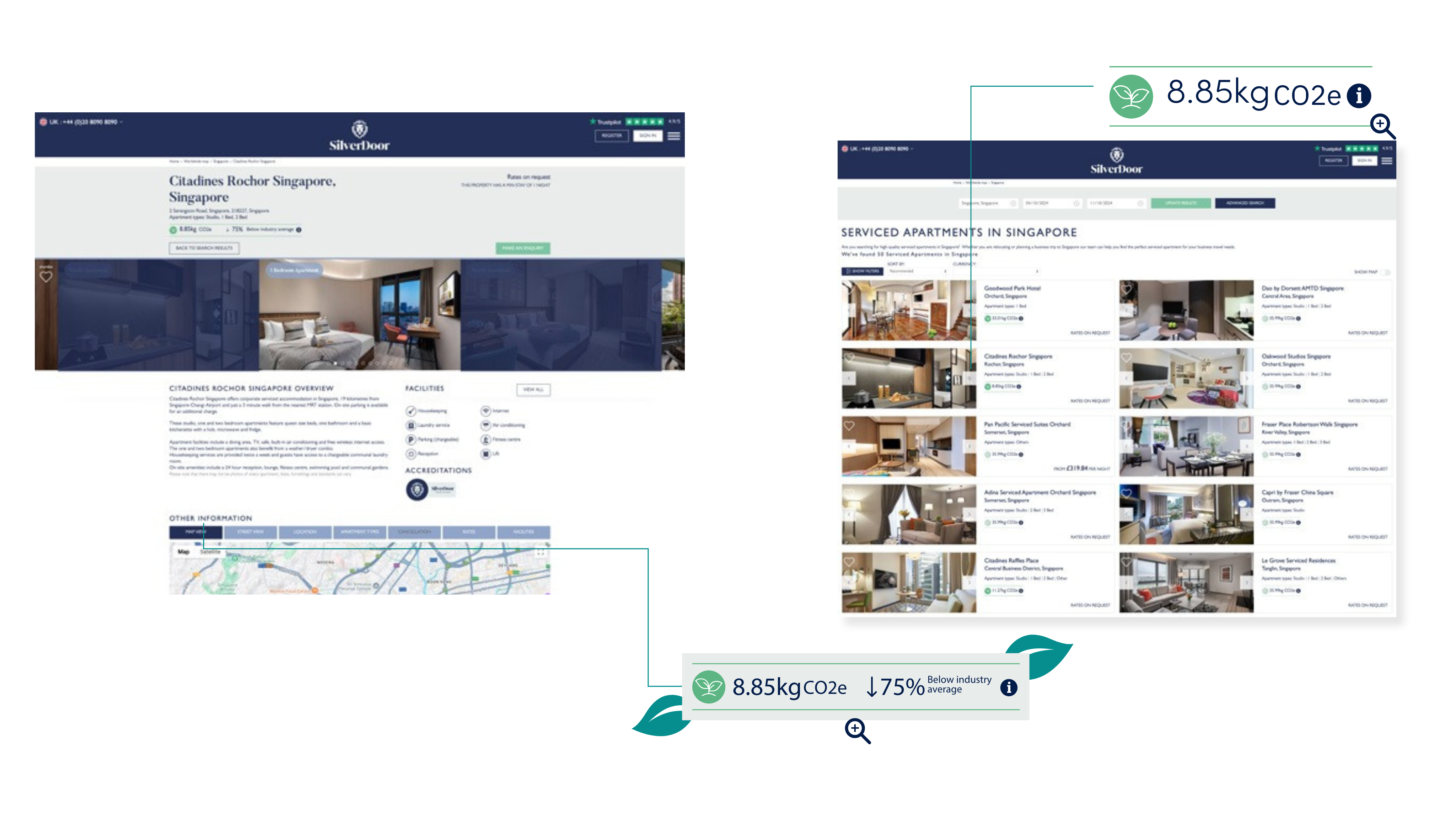 Mockups of SilverDoor property search results with Carbon Calculations