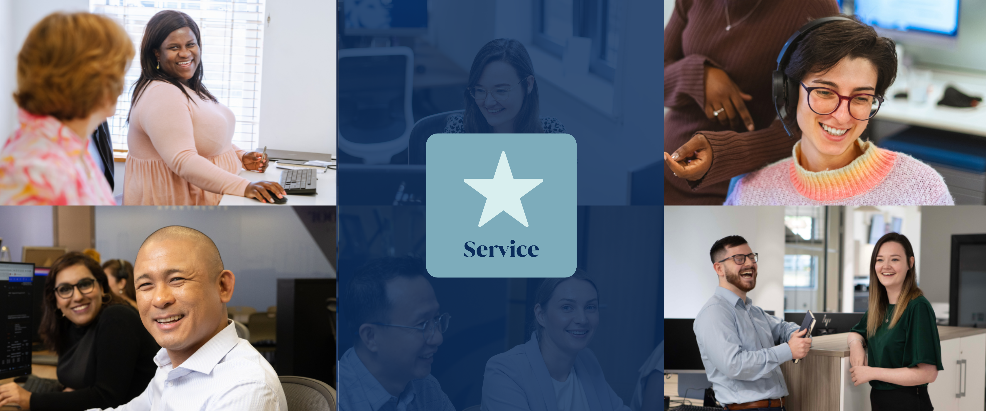 Images of smiling SilverDoor staff with the service icon