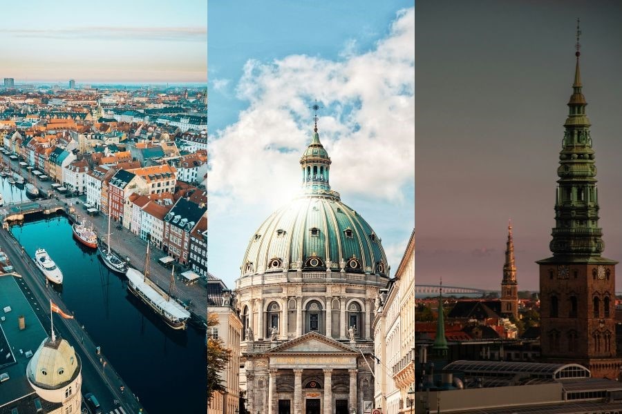Boats docked along canal, Frederik's Church and Copenhagen's Skyline at dusk