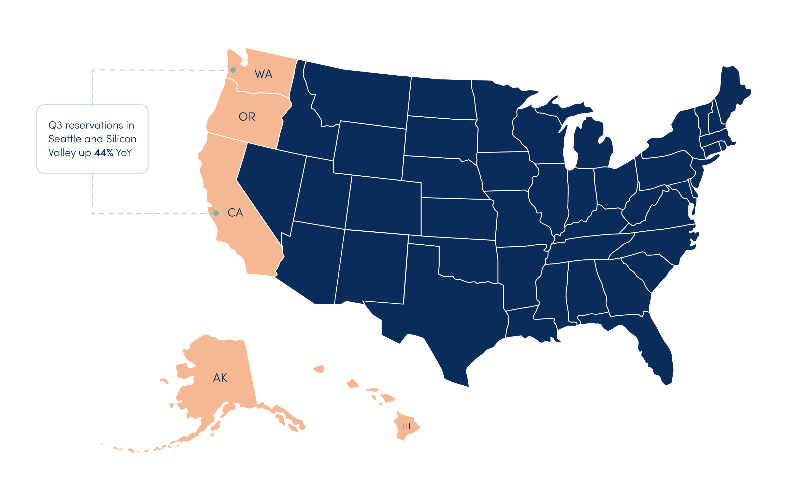 Map of America showing the West Coast states (Washington, Oregon, California, Alaska and Hawaii) highlighted