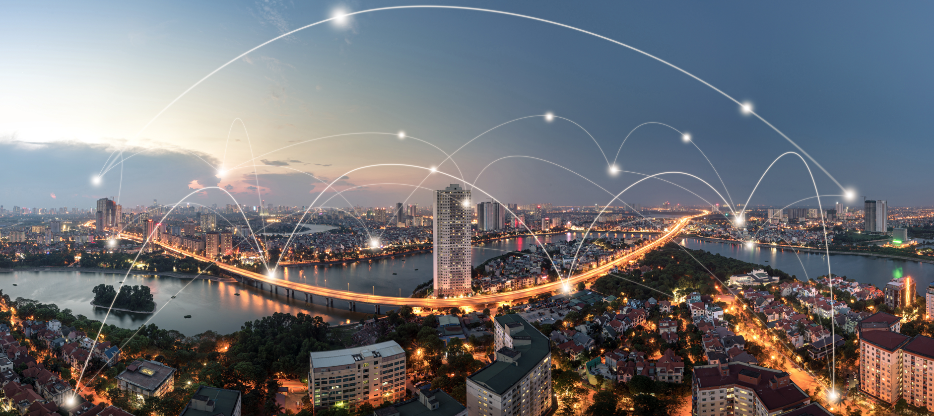 Panoramic city landscape view showing connectivity.