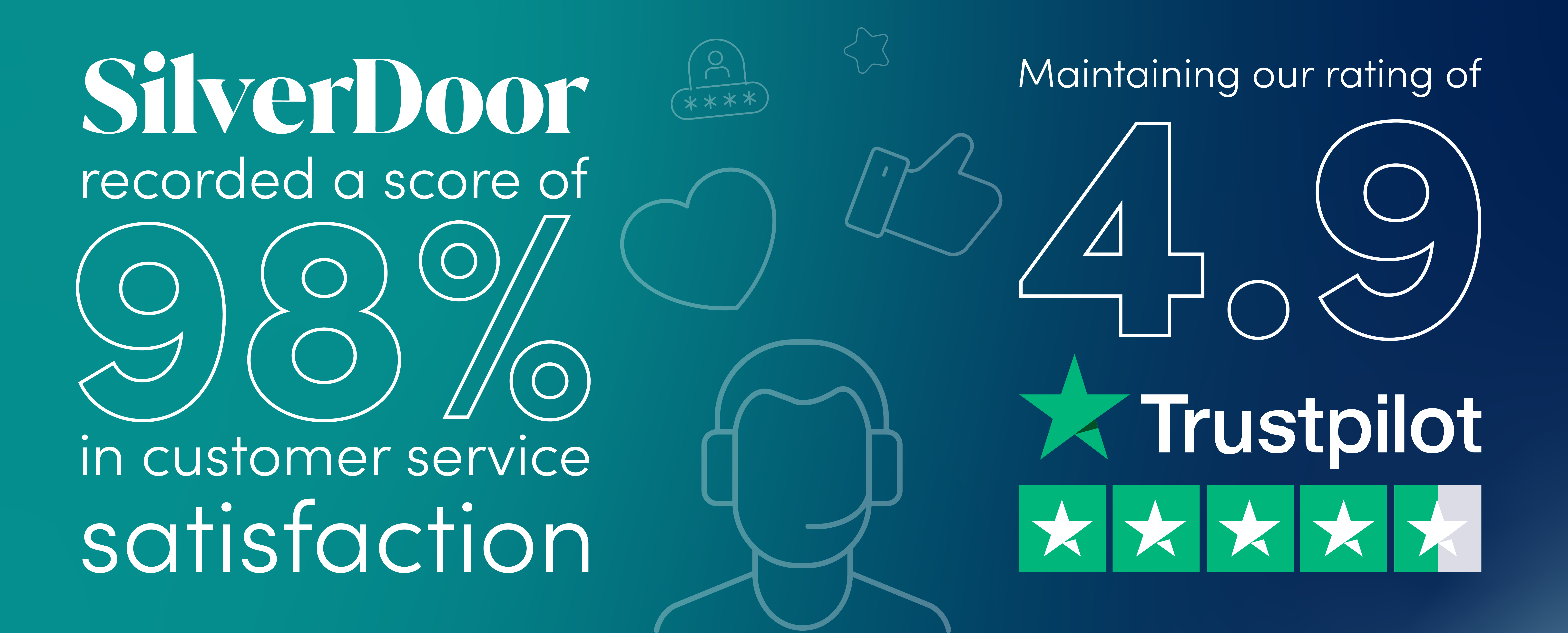 SilverDoor’s customer service scores were recorded at 98% satisfaction (good or excellent) and maintained our 4.9 Trustpilot rating in 2025 graphic