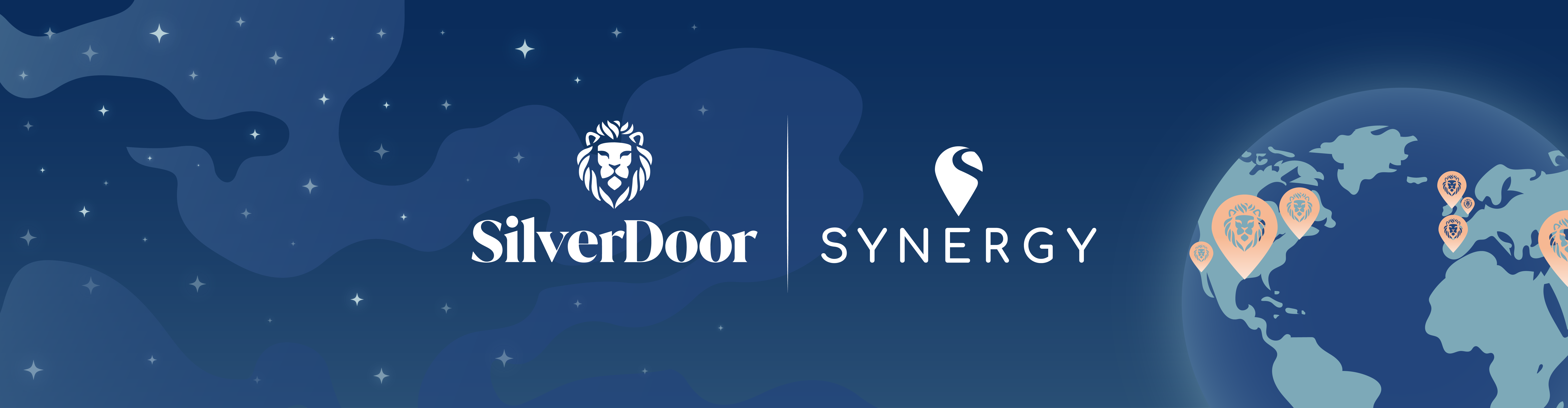 SilverDoor and Synergy logos graphic against night sky