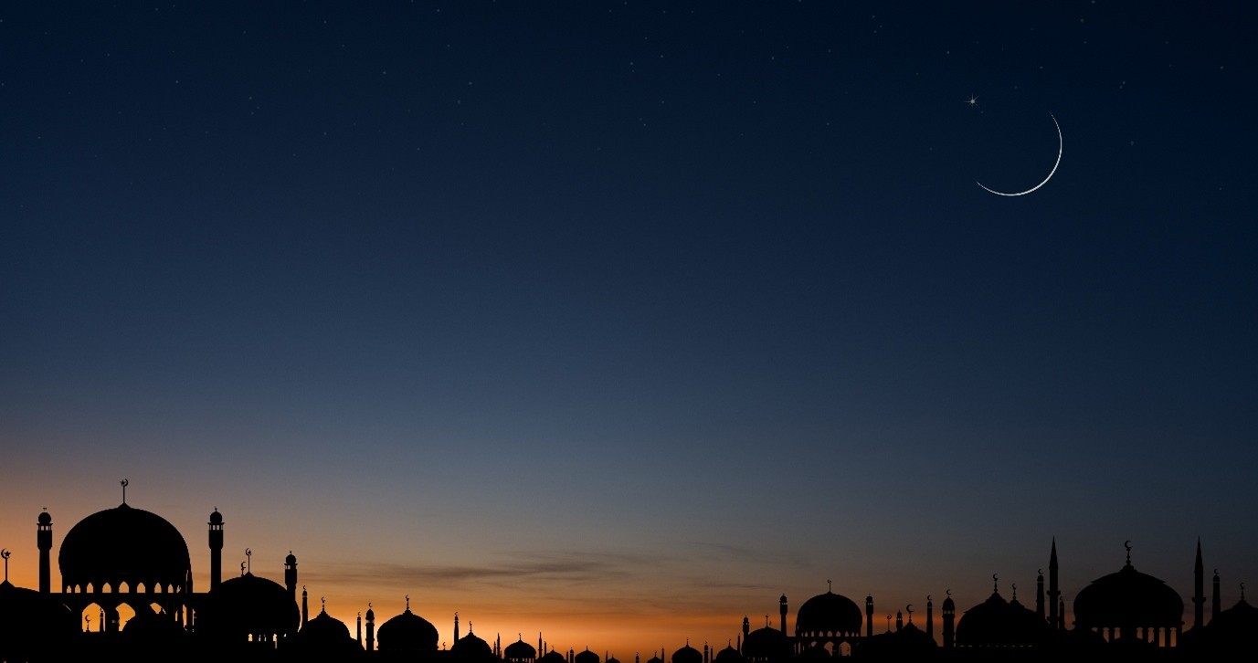 Islamic card with Mosques dome,Crescent moon on blue sky background,Horizon banner Ramadan Night with twilight dusk sky for Islamic religion