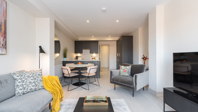 A modern open-plan living area with a sofa, armchair, coffee table, dining table, and compact kitchen