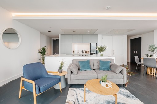 Modern kitchen and living areas