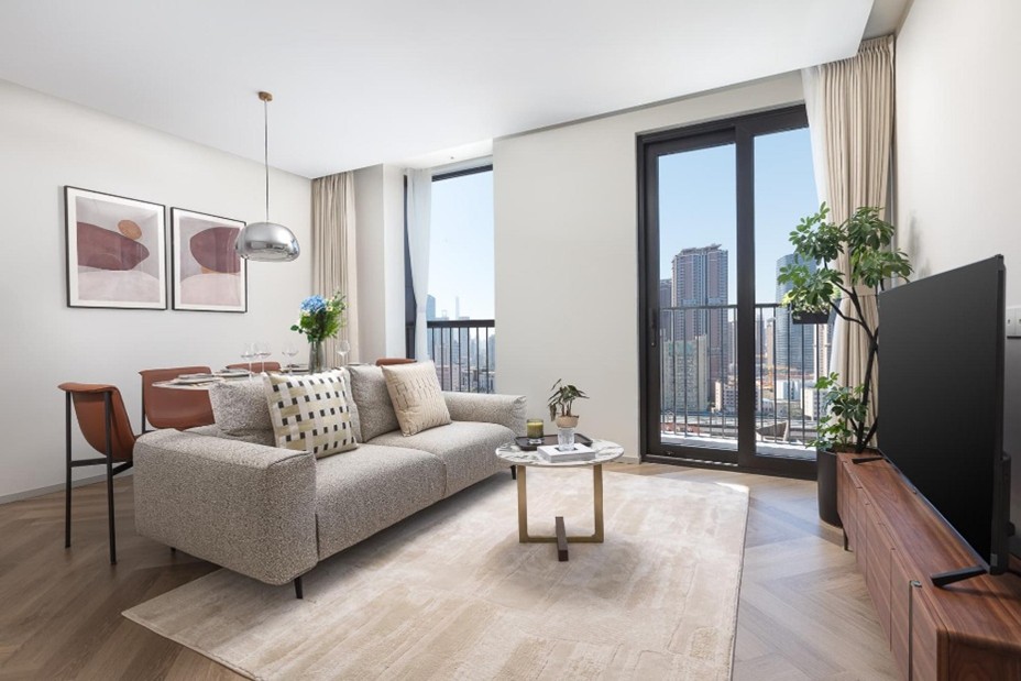 Spacious serviced apartment living rooom with sofa and TV