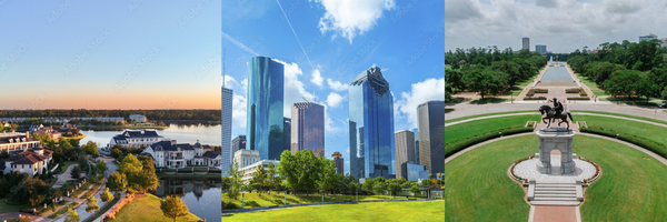 3 grid of Woodland Lake, Skyline and the Houston Hermann Park