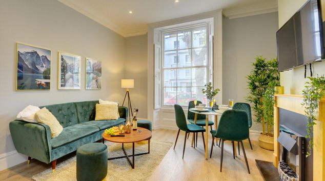 Living/dining area at Birkland House Apartment, Centre, Leamington Spa