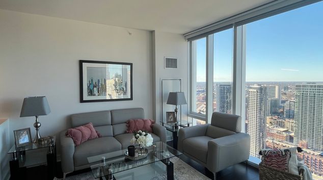 Living room at Wolf Point East, River North, Chicago