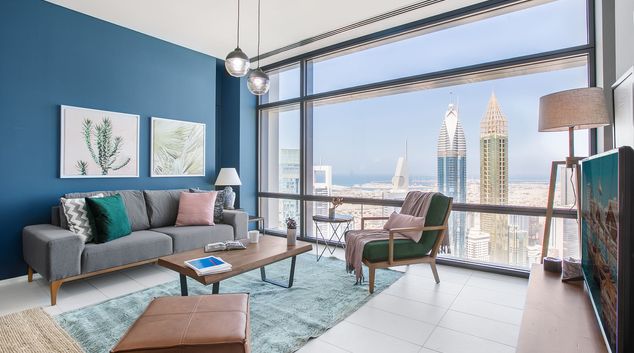 Living room at Index Tower Apartment III, DIFC, Dubai